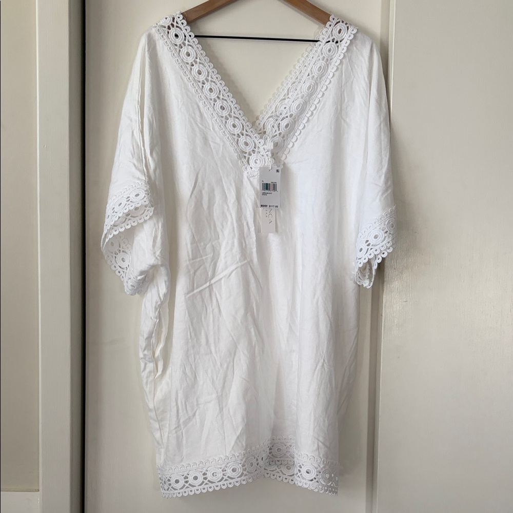 La Blanca White Crochet-Trim V-Neck Tunic Swim Cover Up, sun cover up